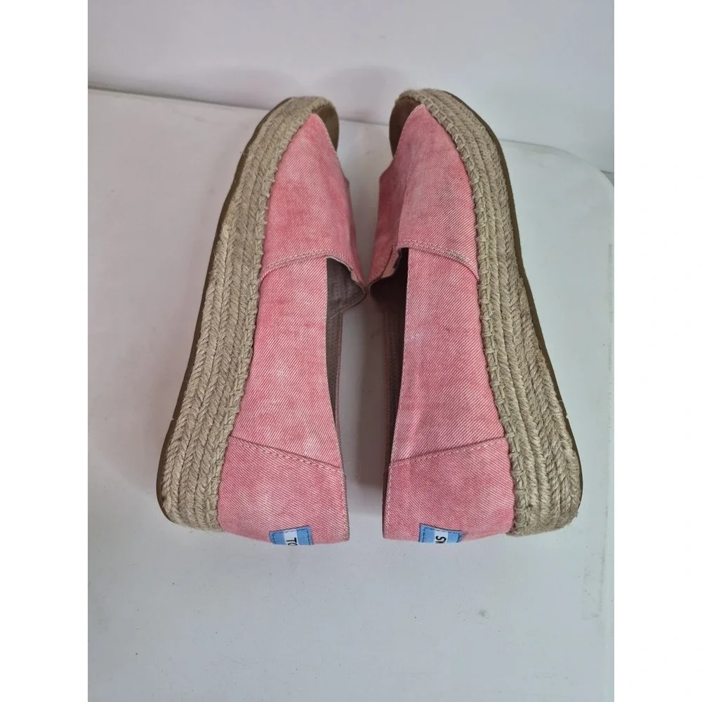 TOMS PINK / RED Chambray Espadrilles Low Wedge Peep Toe Slip On Shoes Sz 10‎